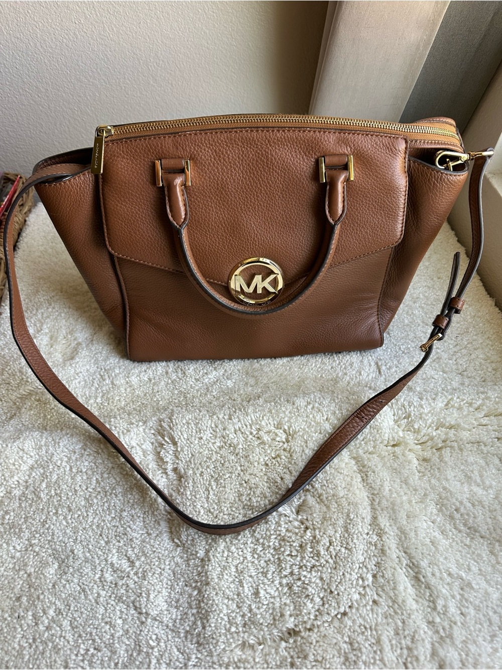 Michael Kors Caramel Brown Leather Satchel with Gold Hardware